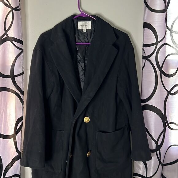 Moussy Vintage Black Trench Overcoat Size Small with Nautical Gold Buttons - Picture 3 of 13